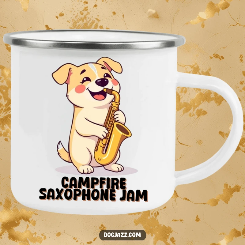 Funny Camping Mug: A happy dog plays a tenor saxophone with crossed paws, perfect for enjoying drinks during outdoor adventures.
