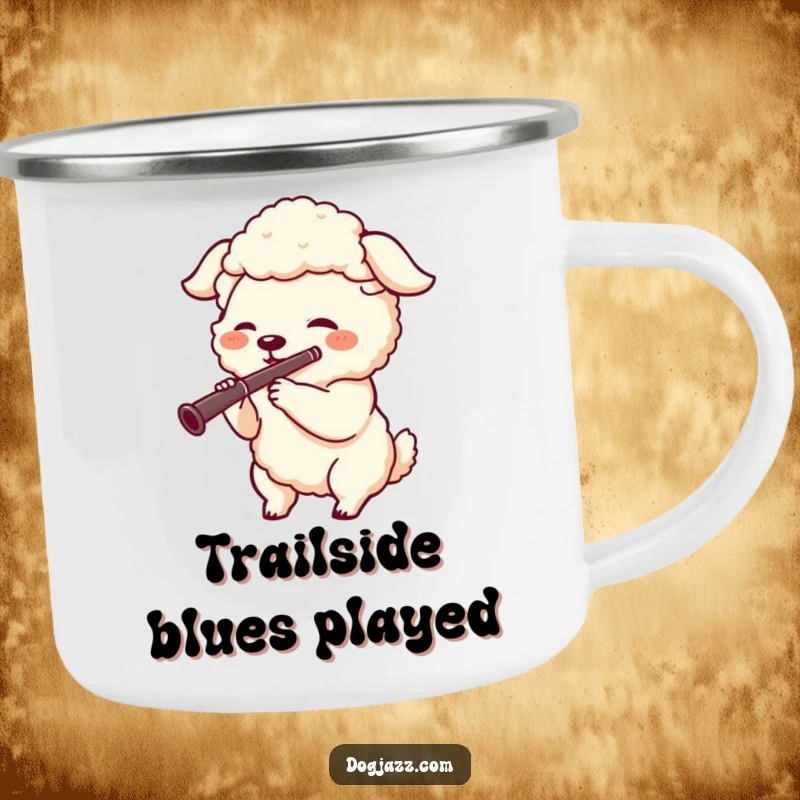 Funny camping mug showing a joyful sheepdog character energetically playing a clarinet, perfect for outdoor jam sessions.