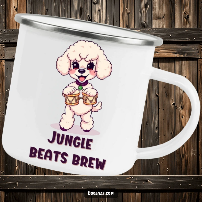Funny poodle camping mug showcasing a poodle dancing and playing tiny bongos, perfect for outdoor enthusiasts who love dogs.