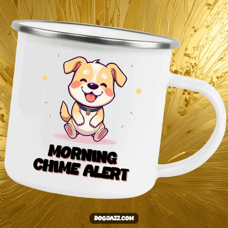 Funny camping mug with a cheerful cartoon dog happily bouncing and playing the triangle, for outdoor enjoyment.