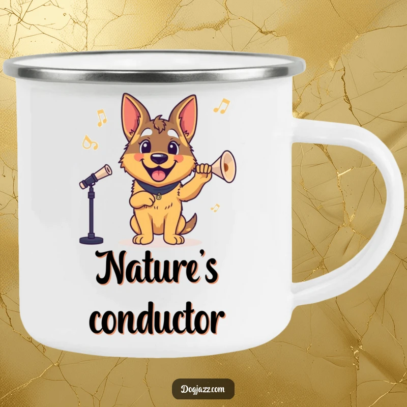 Funny German Shepherd Camping Mug: A rugged mug featuring a happy German Shepherd conducting, perfect for outdoor adventures.