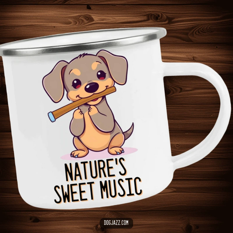Funny Dachshund Camping Mug: A durable mug featuring a dachshund playing a flute, perfect for enjoying beverages outdoors.