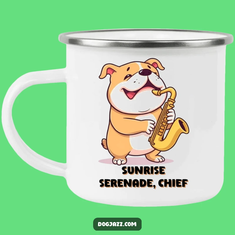 Funny Bulldog Saxophone Camping Mug - Grinning Dog Musician for Outdoor Fun