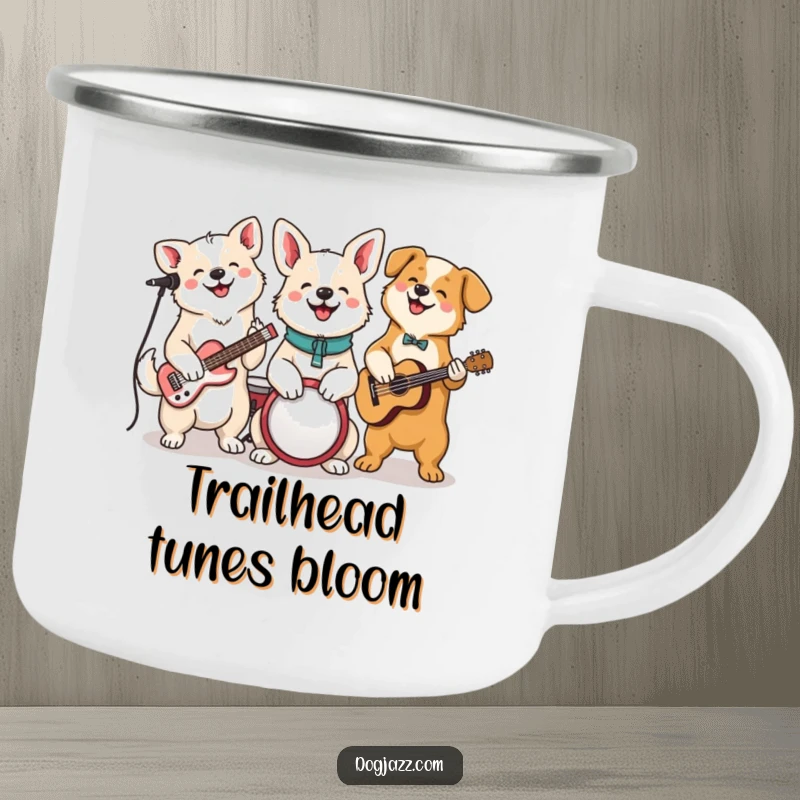 Funny Dog Jam Session Camping Mug, a cheerful dog band plays instruments, ideal for outdoor music lovers.