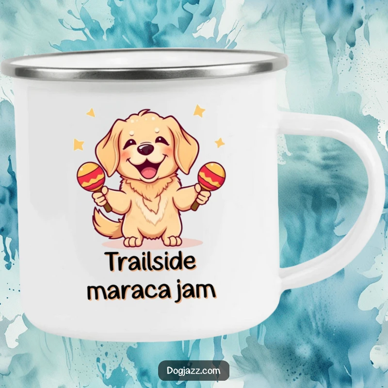 Funny Golden Retriever Camping Mug: A rugged mug featuring a golden retriever shaking maracas, perfect for campfire tunes.