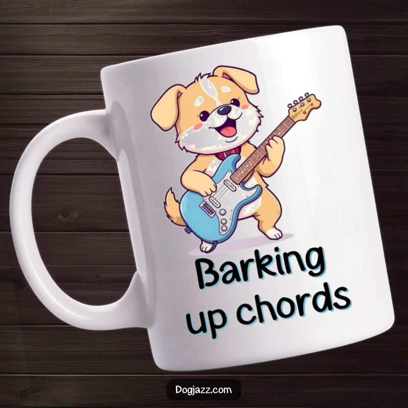 Funny kawaii dog mug featuring a gleeful pup energetically shredding on an electric guitar, perfect for music and dog lovers.