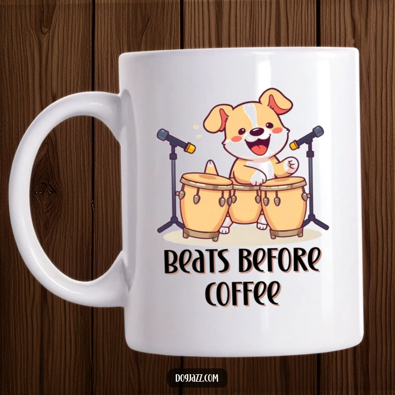 Funny Dog Bongo Mug: An energetic dog enthusiastically tapping on bongos, creating a lively and fun rhythm.
