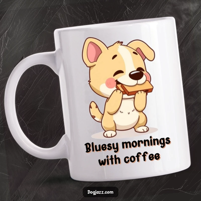 Funny dog mug with a happy dog playing a harmonica and bopping its head to the rhythm, conveying musical joy.