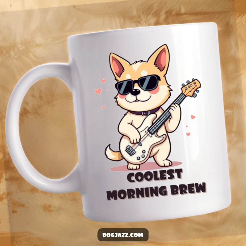 Funny Mug featuring a dog with sunglasses and a cool demeanor playing a jazz bass guitar with skill and style, radiating smooth jazz vibes.