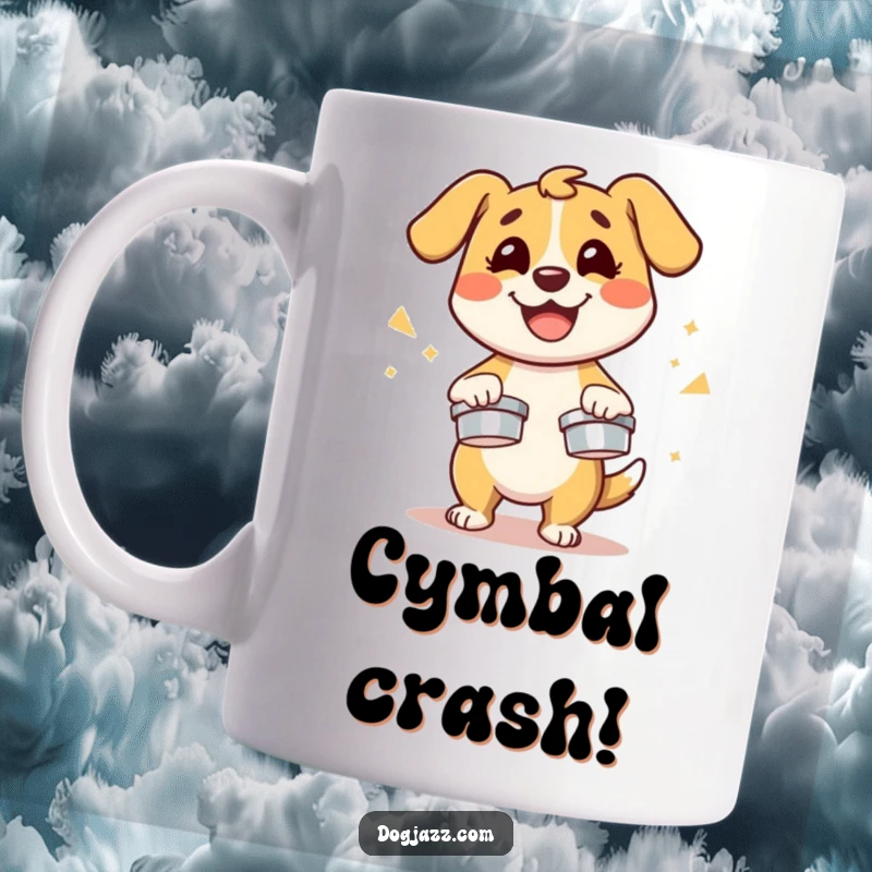 Funny dog character energetically playing cymbals with a huge smile, perfect for a fun mug.