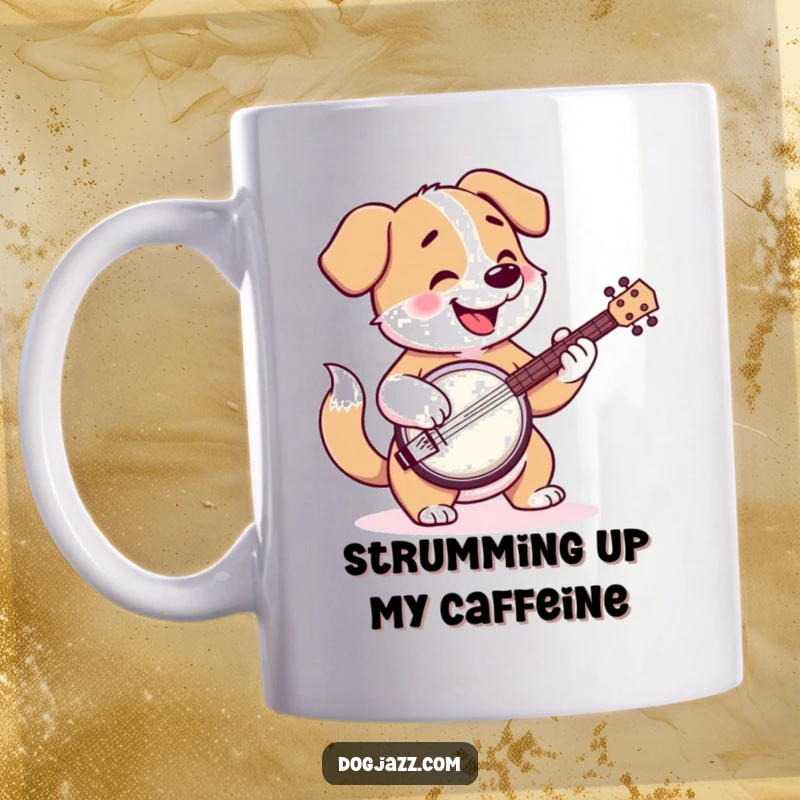 Funny mug shows a happy cartoon dog enthusiastically playing the banjo with its tail wagging merrily.