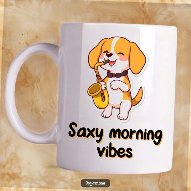 Funny beagle dog playing saxophone with a huge happy smile, musical notes floating around, perfect for a funny gift.