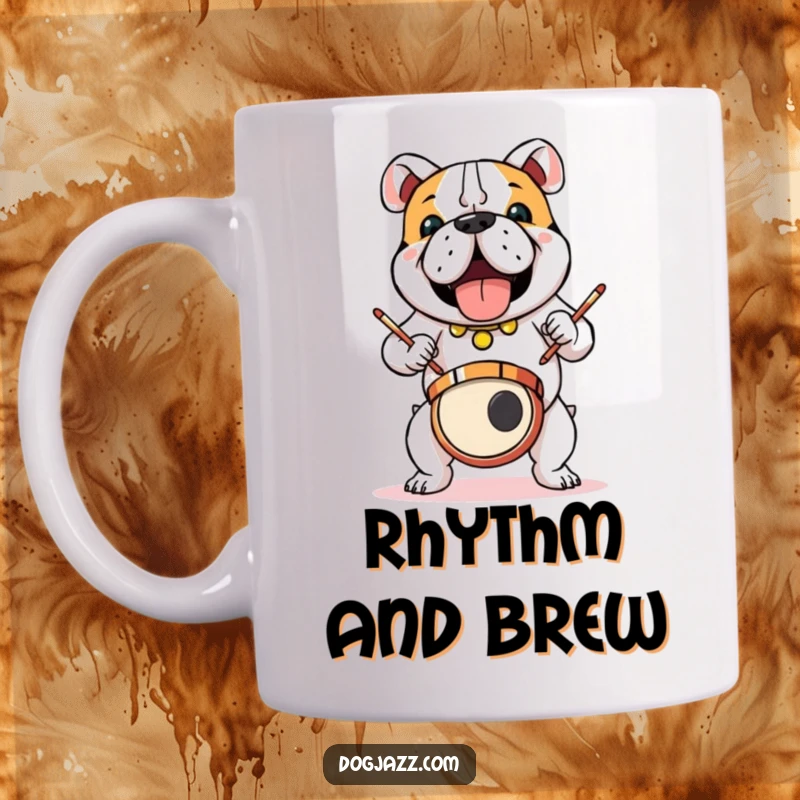 Funny bulldog enthusiastically playing a drum solo with passion, sticks flying, on a mug, a perfect funny gift.