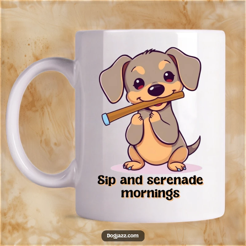 Funny Dachshund Mug: A happy dachshund playing a flute solo with a cheerful expression, creating a delightful melody.