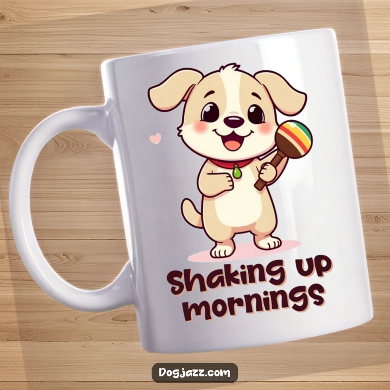 Funny dog character enthusiastically dancing and shaking maracas with a joyful expression. A vibrant and fun mug design.