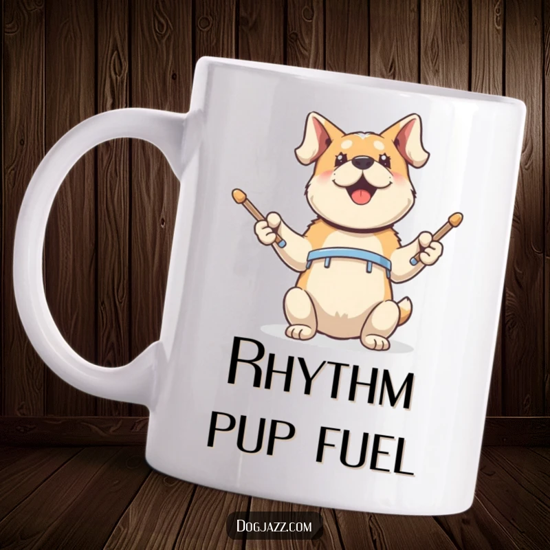 Funny Mug: an energetic dog enthusiastically tapping drumsticks with its front paws, ready to lay down a beat.