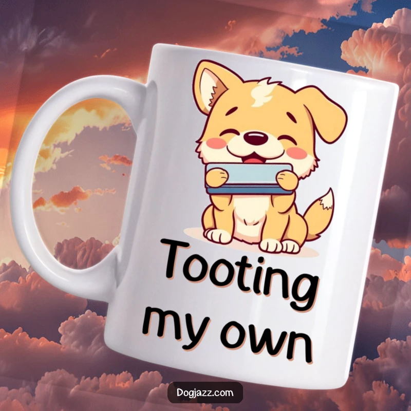 Funny dog mug featuring a happy dog enthusiastically playing the harmonica with a smile, embodying musical happiness.