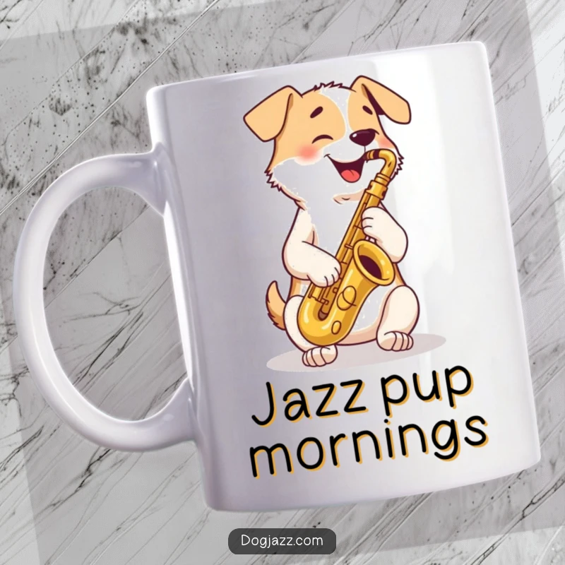 Funny Mug: a happy dog skillfully playing a tenor saxophone with its front paws crossed, exuding musical joy.