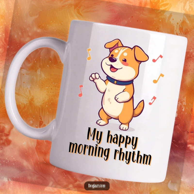 Funny Mug featuring a happy dog with paws tapping rhythmically to an invisible lively beat, radiating pure joy and musical energy.