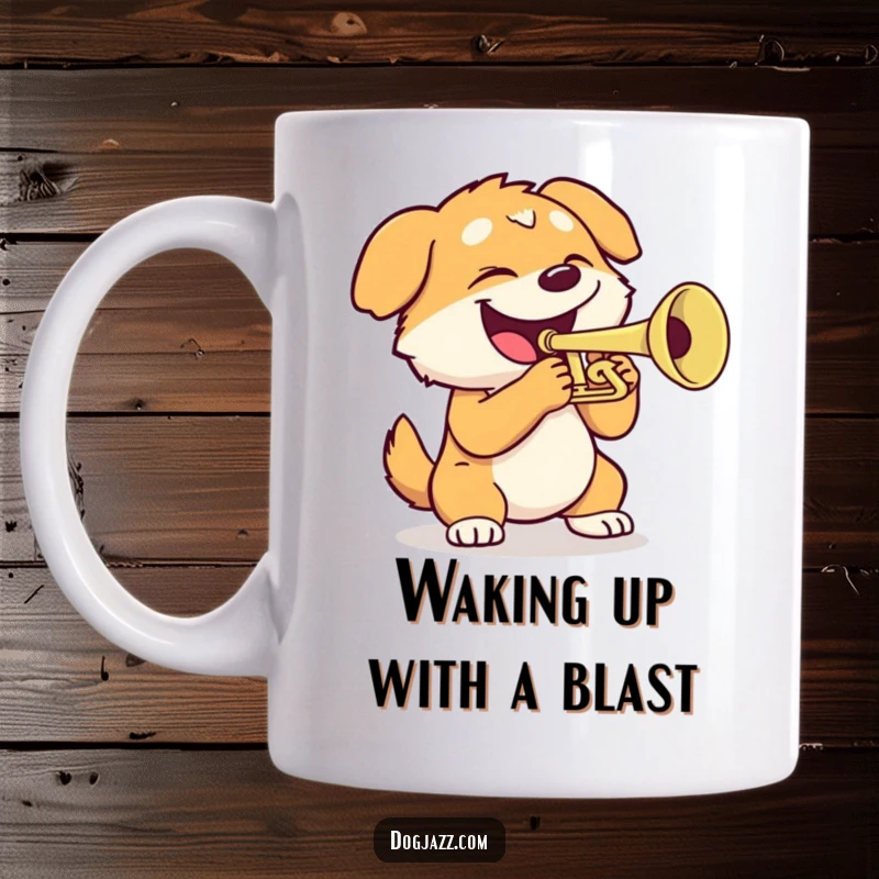 Funny dog mug with a happy dog proudly playing a trumpet with a wide grin, bringing musical cheer.