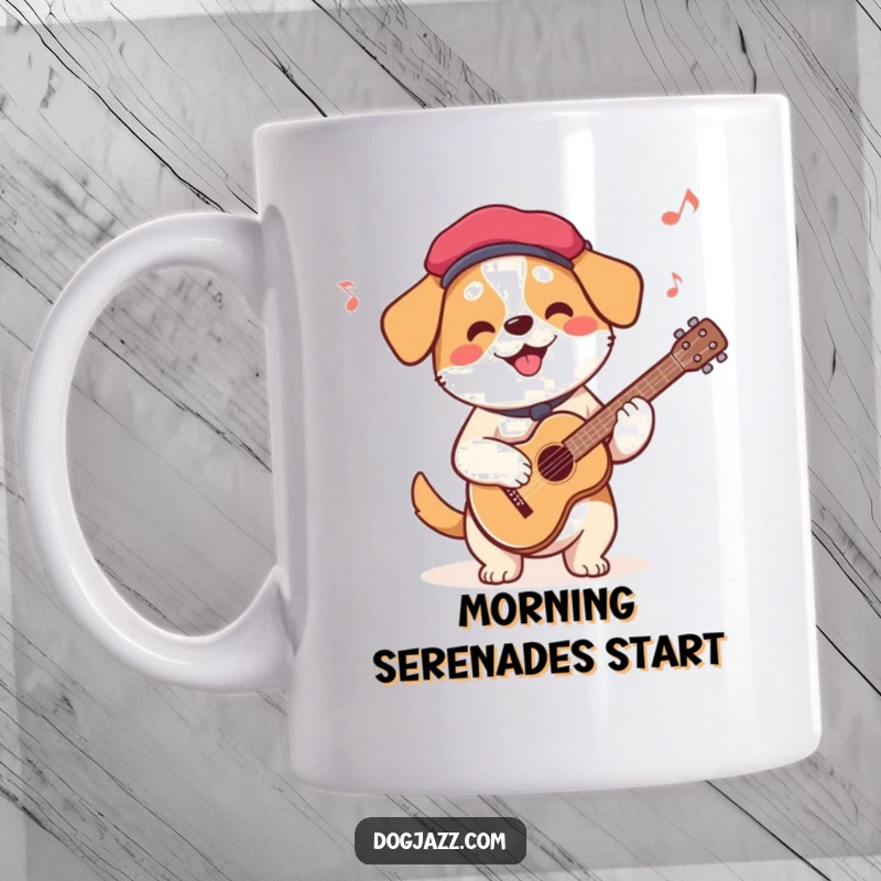 Funny French Dog Guitarist Mug showing a dog in a beret happily playing an acoustic guitar, exuding artistic charm.