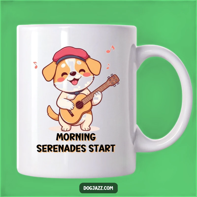 Funny French Dog Guitarist Mug: Beret Dog Serenade, Perfect Cafe & Music Gift