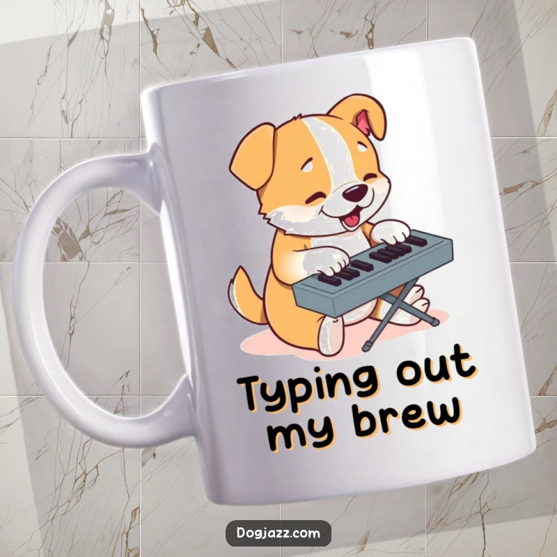 Funny mug shows a determined cartoon dog intently playing a computer keyboard with its nimble paws.