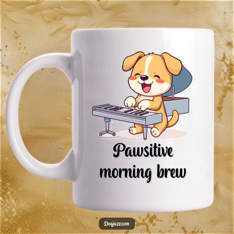 Funny dog enthusiastically playing a piano with all four paws, musical mug design.