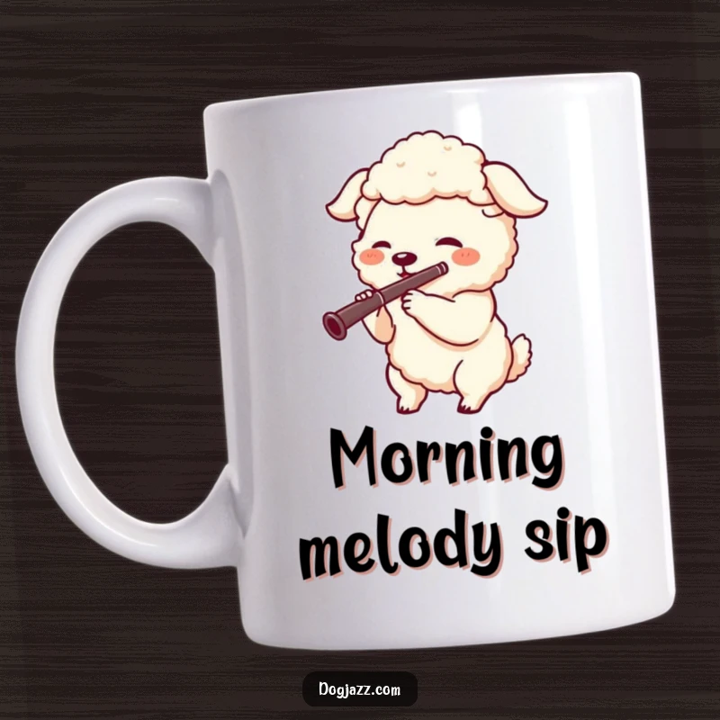 Funny mug shows a sheepdog character joyfully playing a clarinet with musical notes floating around it.