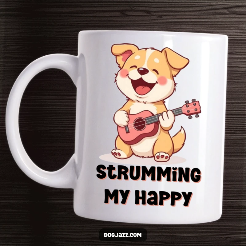 Funny dog mug featuring a happy dog joyfully strumming a tiny ukulele, radiating musical happiness.