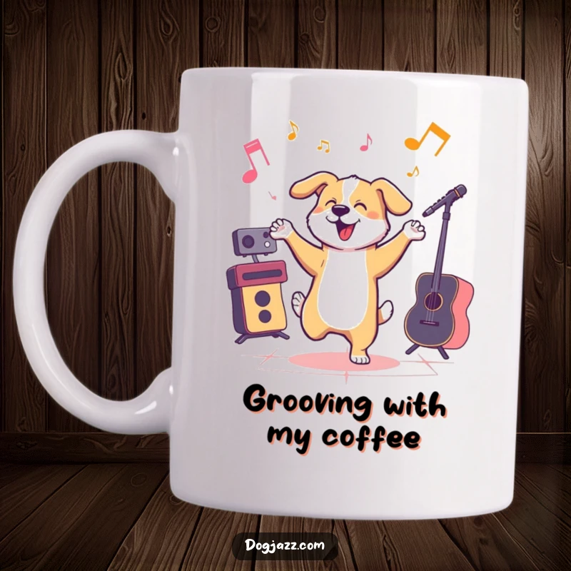 Funny dog energetically dancing to jazz music, looking joyful. A humorous mug for music lovers.