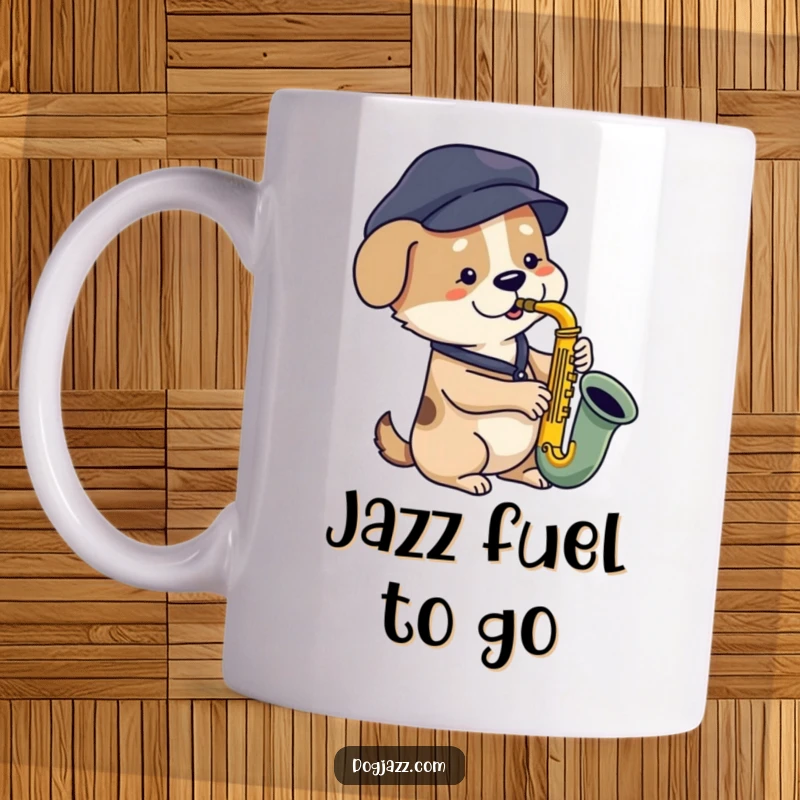 Funny dog mug with a dog wearing a beret playing a bluesy saxophone, exuding cool jazz vibes, perfect gift.