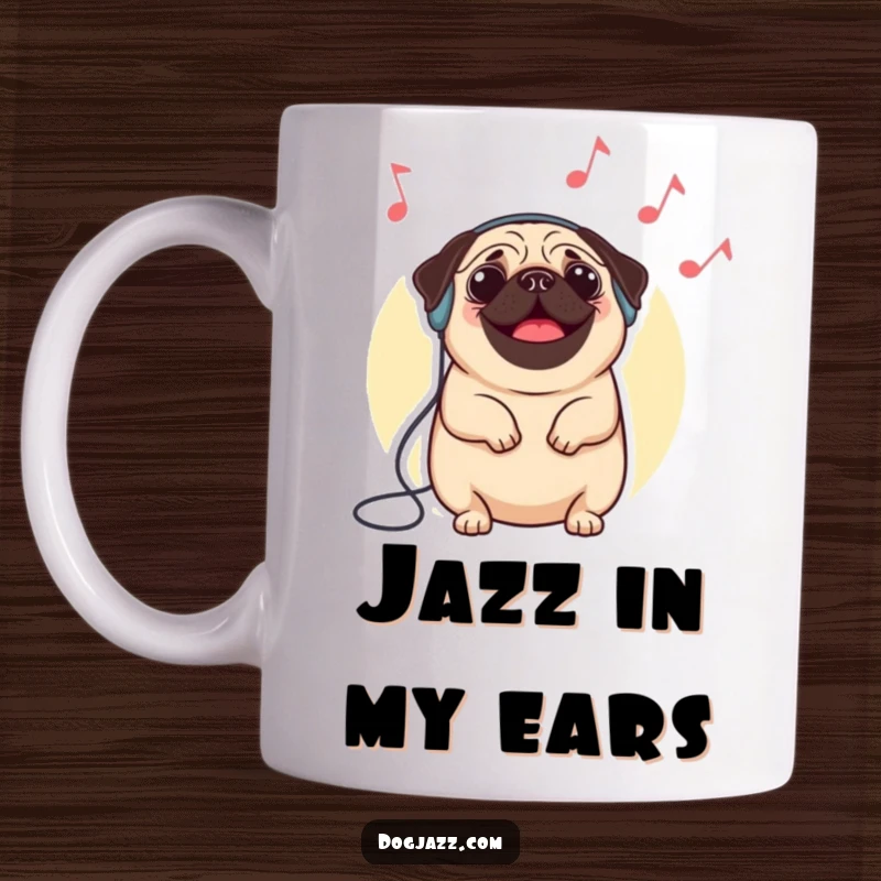 Funny pug mug showing a happy, round pug wearing headphones and nodding to imaginary jazz music with pure delight.