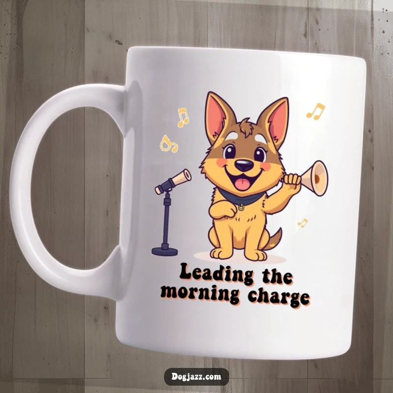 Funny German Shepherd Mug: A happy German Shepherd conducting a band with a baton, emanating joy and musical leadership.