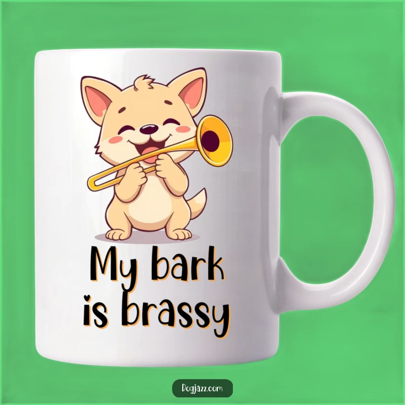 Funny Dog Trombone Player Mug: Happy Canine Design, Perfect Funny Gift