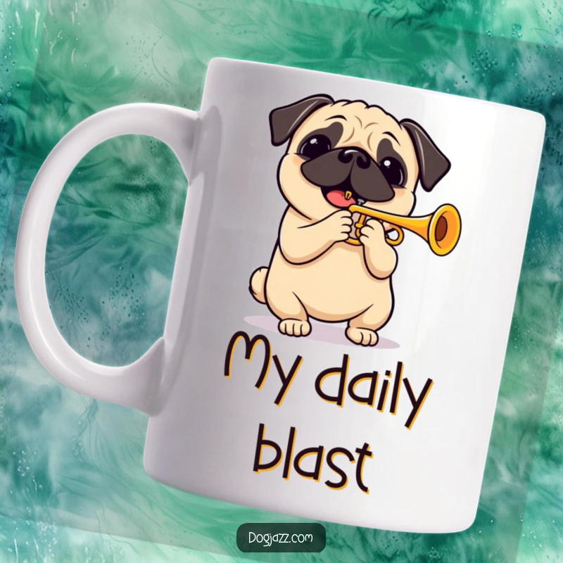 Funny pug playing a cheerful trumpet solo with a happy expression, perfect for music lovers and dog enthusiasts. A delightful gift.