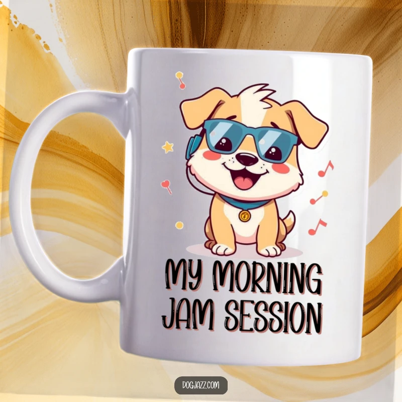 Funny dog mug with a cheerful dog character energetically bopping its head to an unseen groovy beat, radiating pure joy and rhythm.