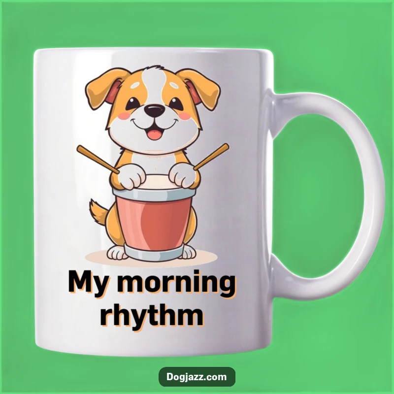 Funny Dog Drummer Mug: Energetic Pooch Paw Tapping Beat for Music Lovers Gift