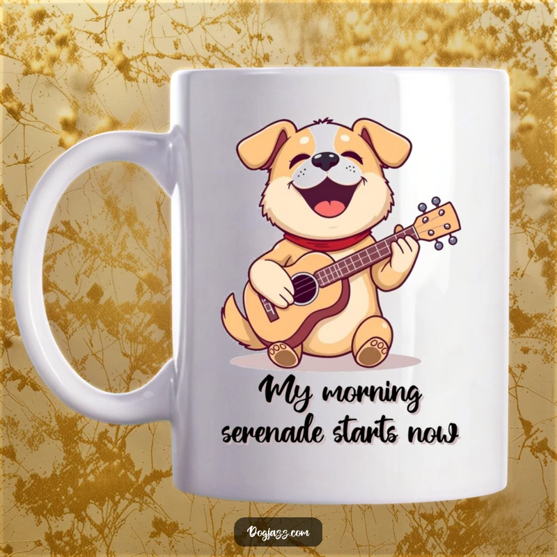 Funny dog mug with a happy dog playing a small ukulele, bringing musical joy and laughter to your day.