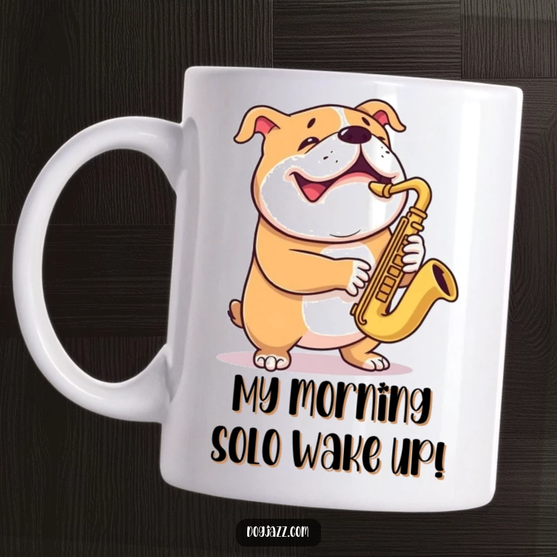 Funny bulldog mug featuring a grinning dog playing the saxophone with pure enthusiasm and musical passion.