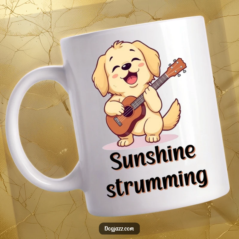 Funny golden retriever joyfully strumming a ukulele with a happy expression, on a mug, a perfect funny gift.