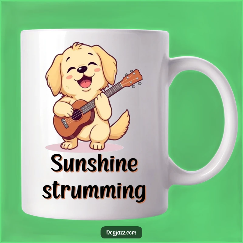 Funny Golden Retriever Ukulele Mug: Joyful Strumming Canine Gift for Sunny Mornings