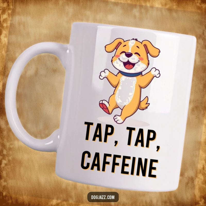Funny Dog Tap Dancer Mug, a happy dog enthusiastically tap dances with lively, rhythmic foot movements, a dance lover's gift.