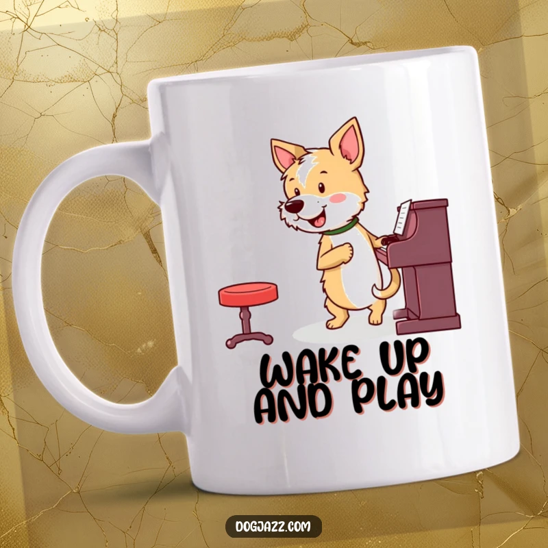 Funny terrier energetically playing a piano with a furiously wagging tail, on a mug, a perfect funny gift.