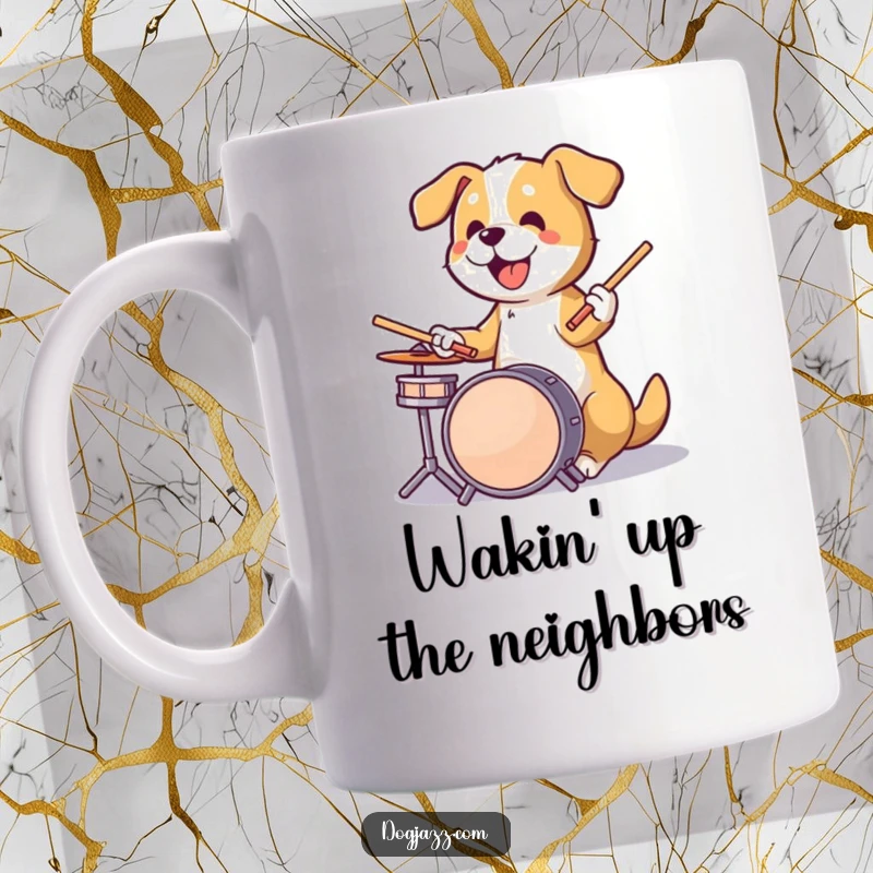 Funny dog energetically playing drums with sticks in paws, a rockstar drummer creating rhythm on a mug.