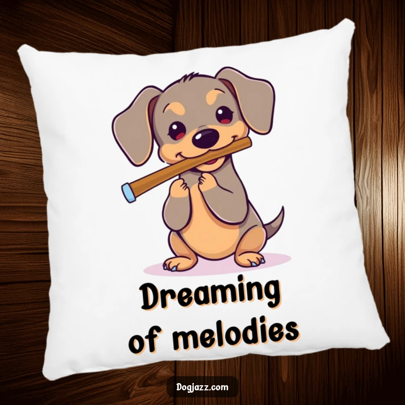 Funny Dachshund Pillow: A soft pillow showcasing a dachshund playing a flute, perfect for adding comfort and charm.