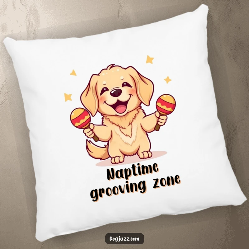 Funny Golden Retriever Pillow: A plush pillow showcasing a happy golden retriever shaking colorful maracas with contagious enthusiasm.