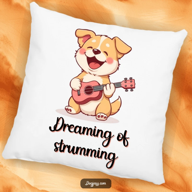 Funny dog pillow with a dog happily playing a ukulele, ideal for a cozy, music-themed room.