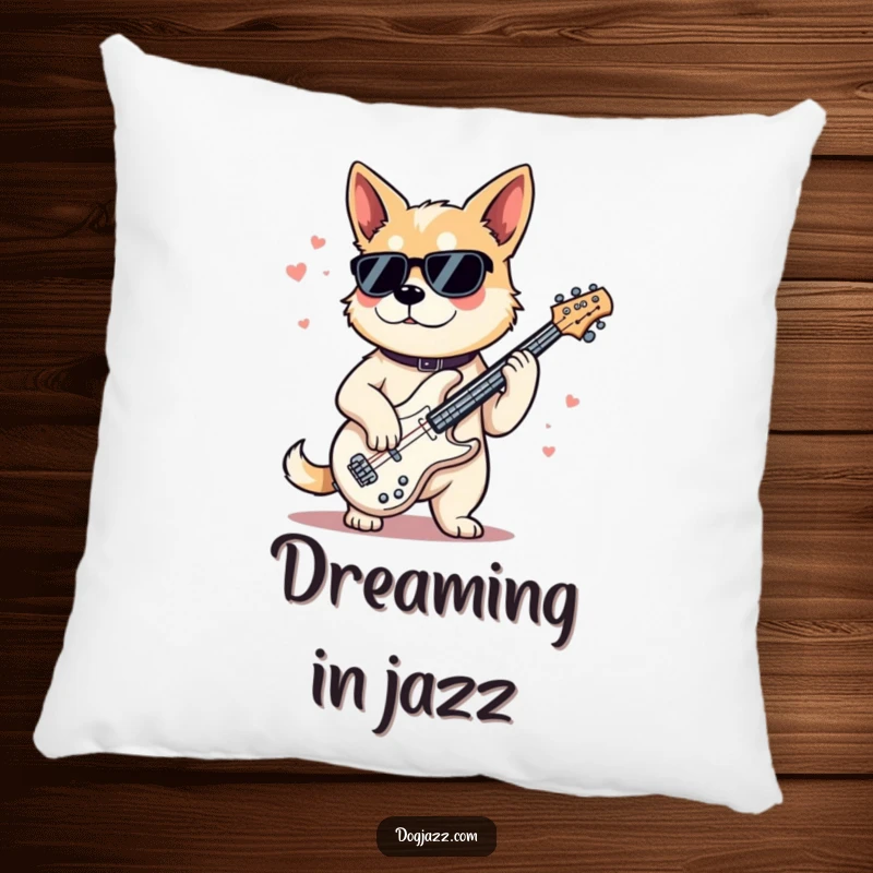 Funny Pillow featuring a dog with a cool demeanor playing a jazz bass, providing a comfortable and stylish musical accent for any room.