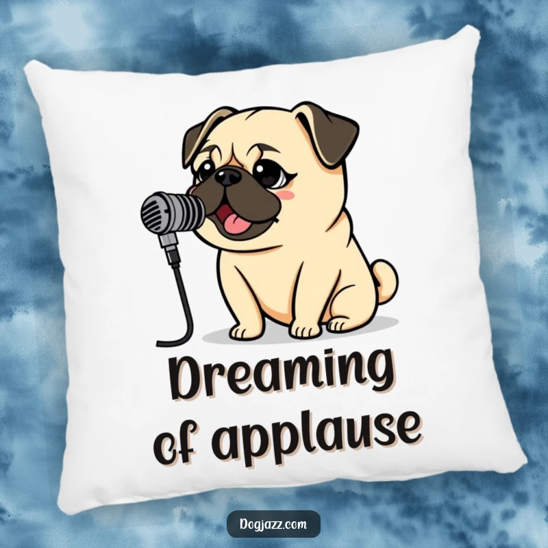 Funny Pug Rockstar Pillow with a pug singing into a vintage microphone, offering humorous comfort and theatrical flair.